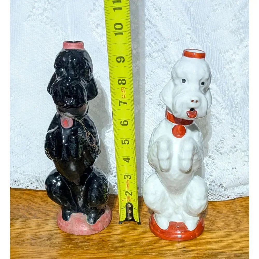 Vintage Garnier France Poodle Decanters Pair Black White Mid Century Barware